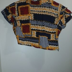 Vintage-Inspired Navy & Gold Patterned Cropped Top